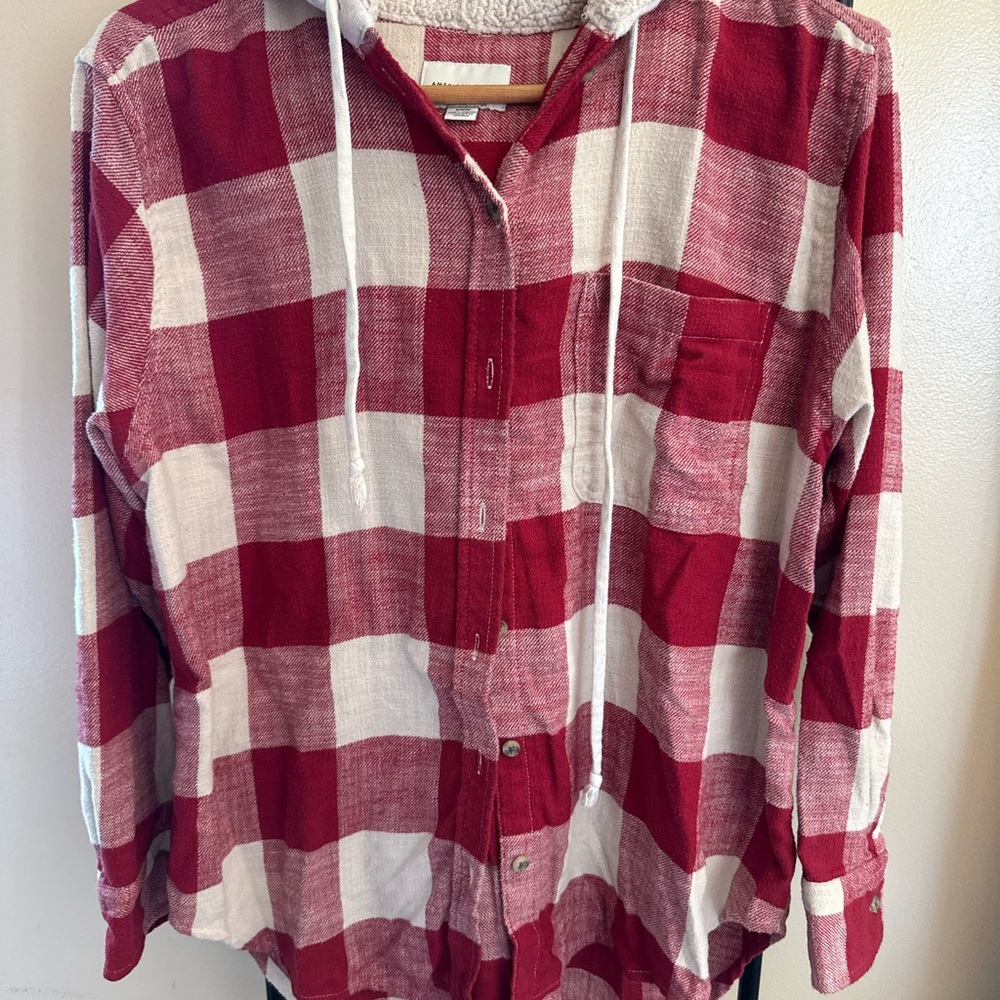 American Eagle Red and Cream Plaid Shirt with Hood